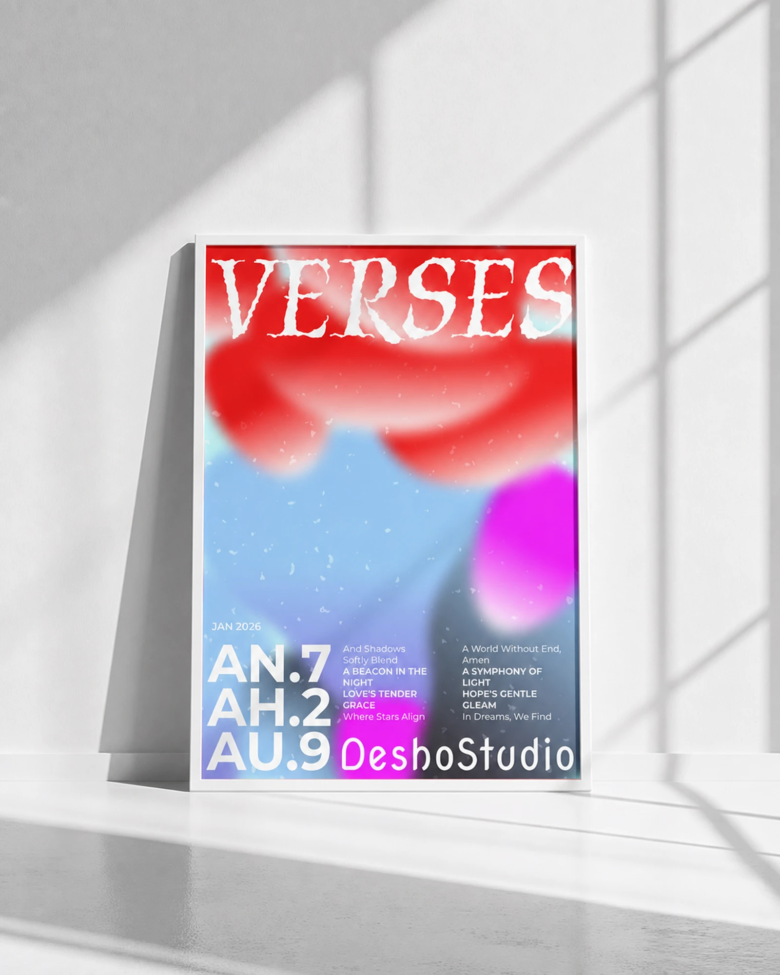 Framed Verses brand poster in a sunlit architectural interior